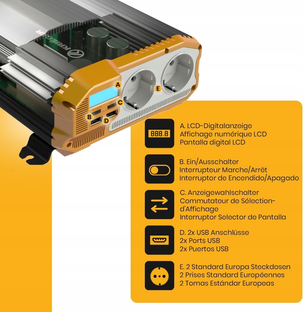 Kfz-Spannungswandler, Sinus-Wechselrichter 12V auf 230V, Product image