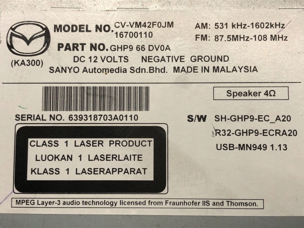 RADIO MAZDA 6 GJ CV-VM42F0JM TUNER Product image