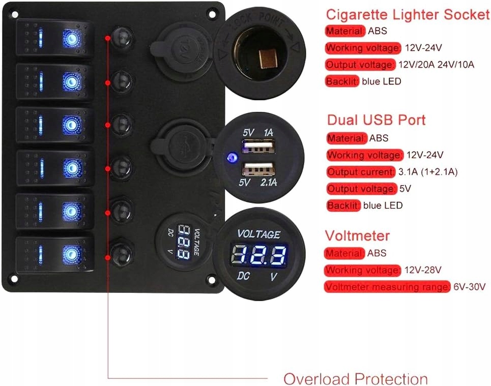 MARINE BOAT PANEL DIGITAL VOLTMETER DUAL USB PORTS 12V Product image