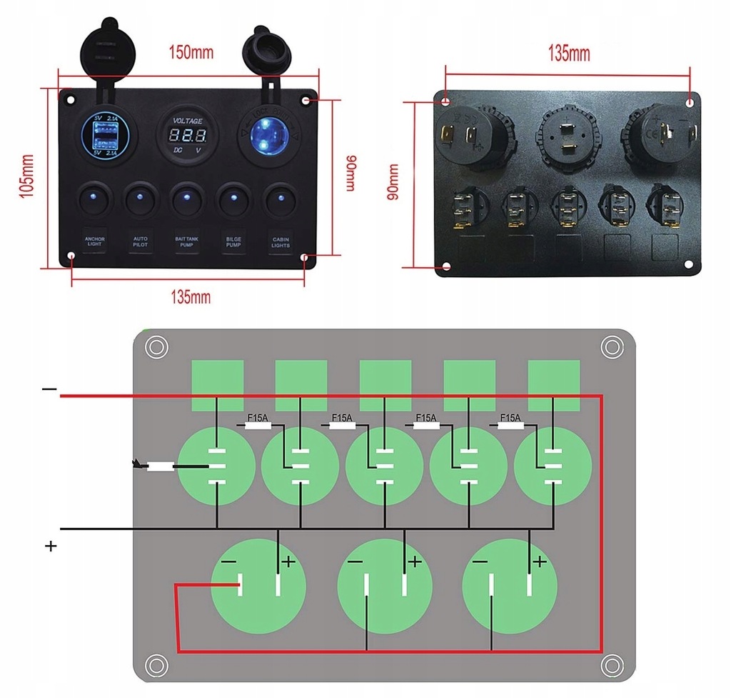 MARINE BOAT PANEL DIGITAL VOLTMETER DUAL USB PORTS 12V Product image